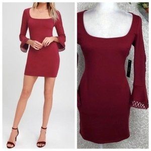 NWT Lulu’s Ponte Knit Flounce Burgundy Dress M